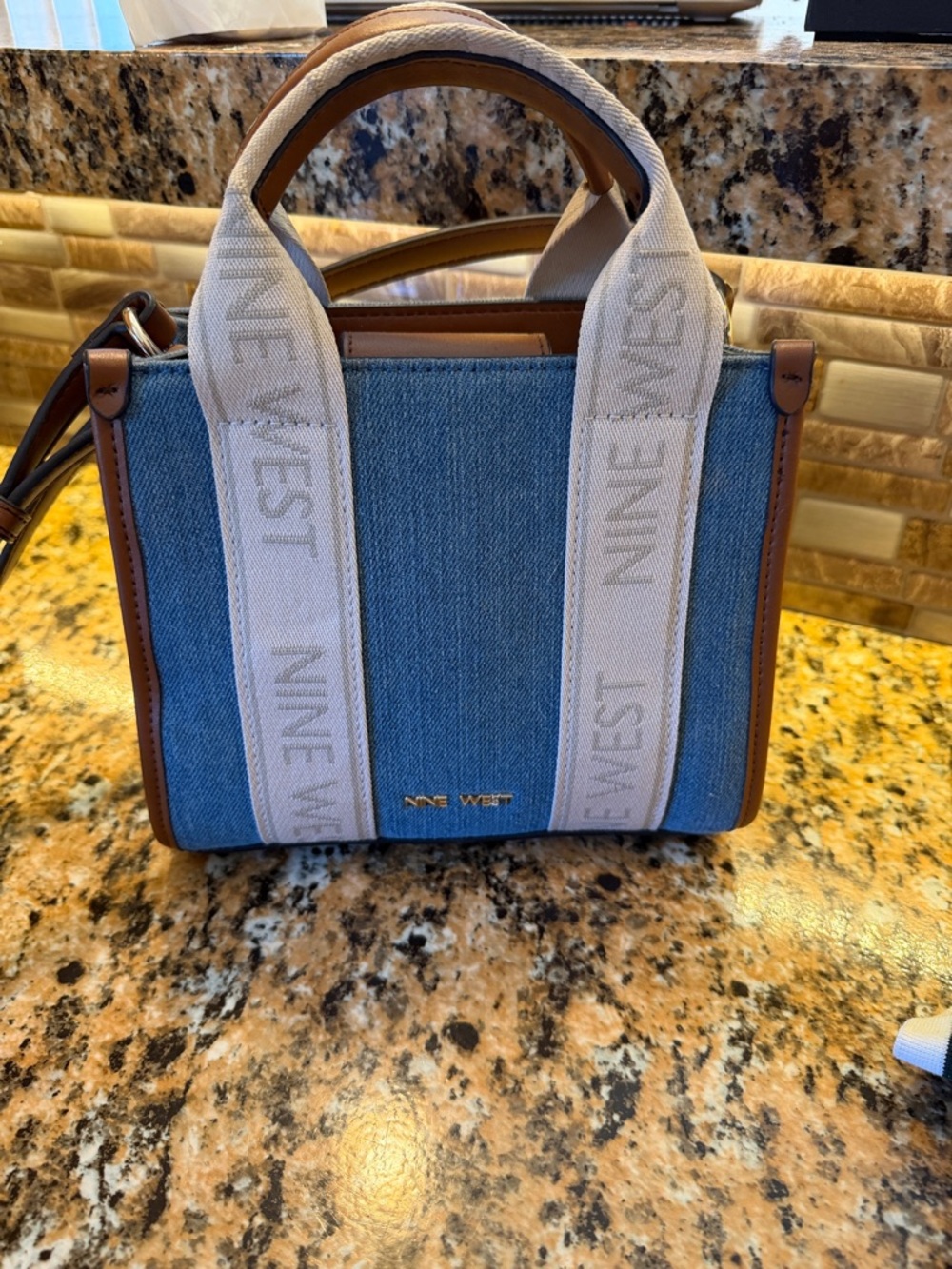 Nine West Blue Denim Tote with Tan Trim and Cream Logo Straps